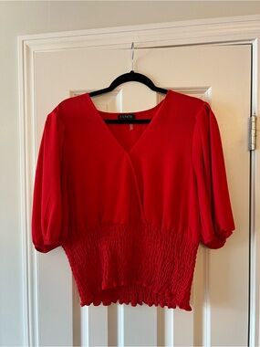 1 State Red V-Neck Smocked Waist Blouse